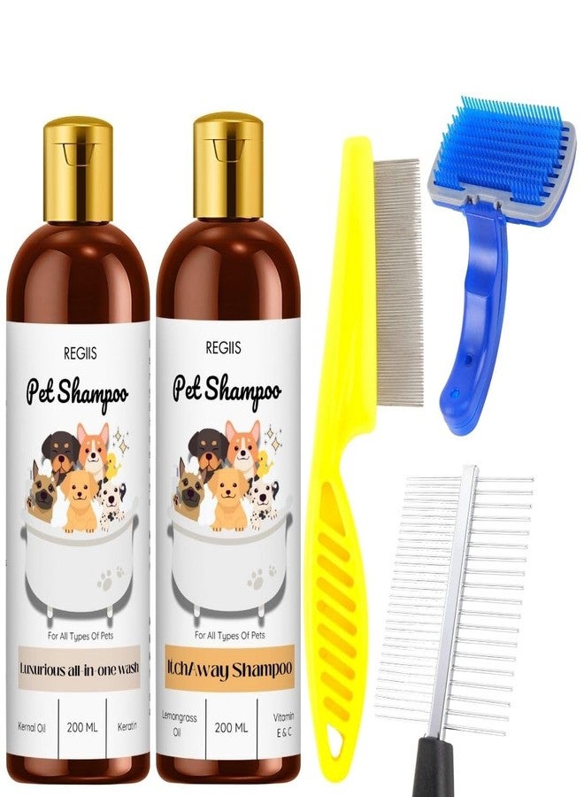 مجموعة شامبو ريجيس للحيوانات الأليفة مع فرش للعناية، 200 مل، غسول متكامل للكلاب بتركيبة عشبة الليمون (عبوة من 5 قطع)